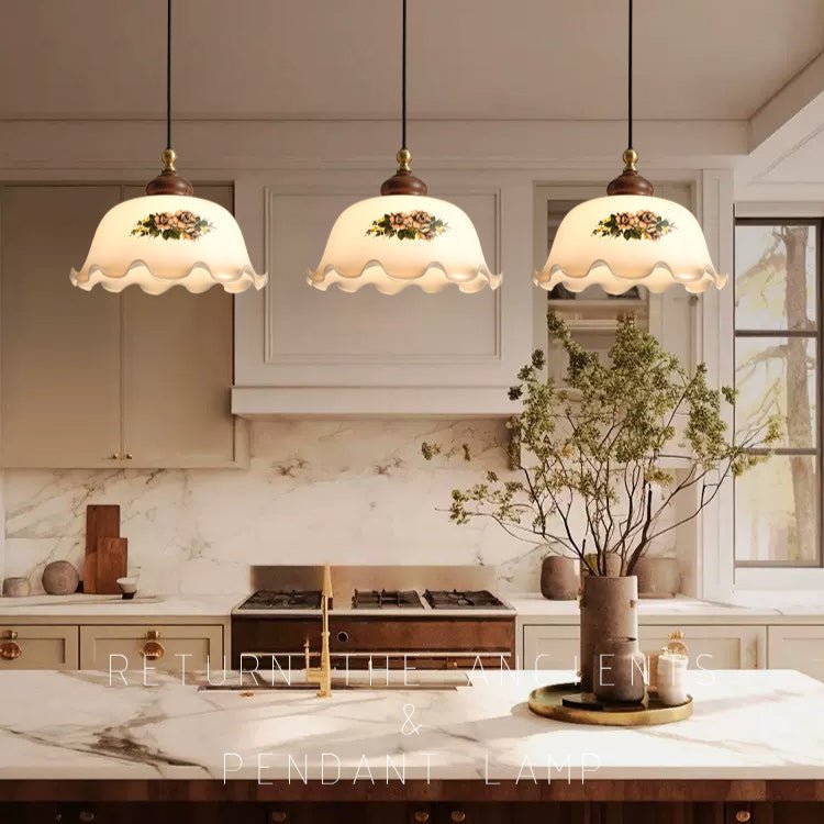 Art Deco Floral Glass Pendant Light with Walnut and Brass Accents