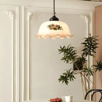 Art Deco Floral Glass Pendant Light with Walnut and Brass Accents