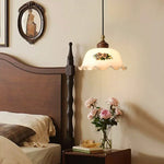 Art Deco Floral Glass Pendant Light with Walnut and Brass Accents