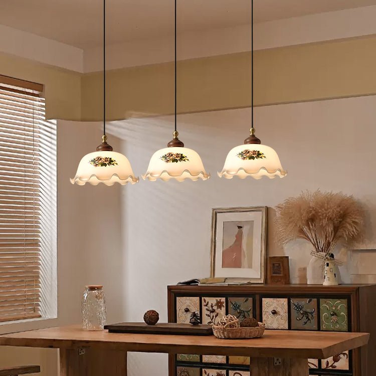Art Deco Floral Glass Pendant Light with Walnut and Brass Accents