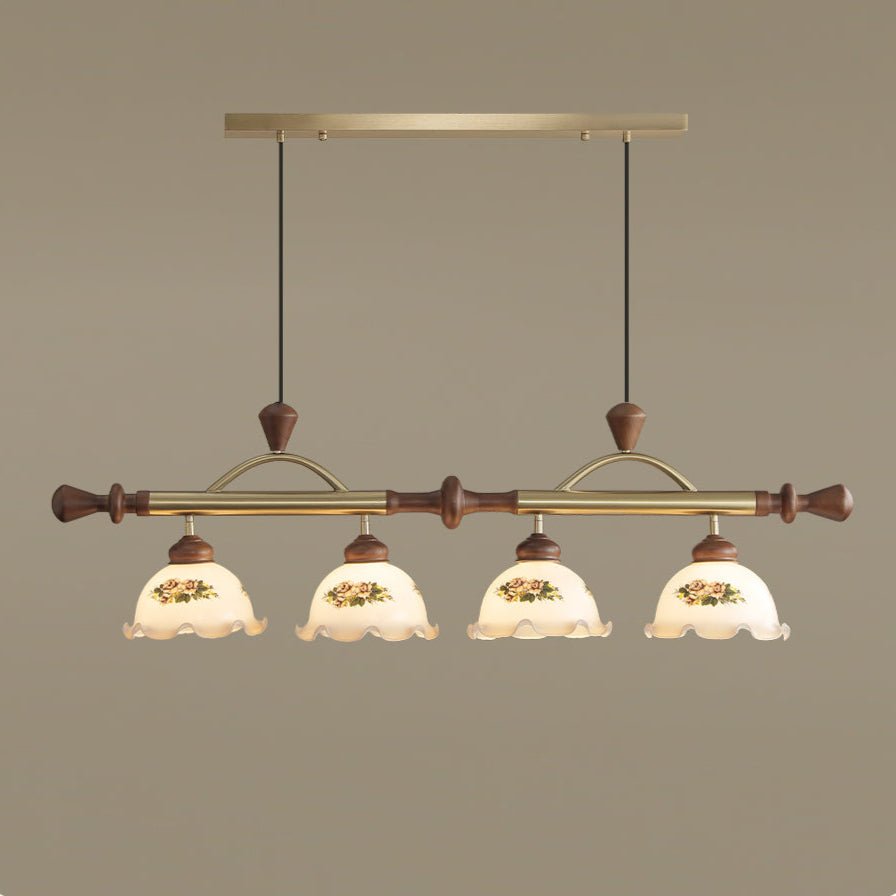 Art Deco Floral Glass Pendant Light with Walnut Wood and Gold Accents