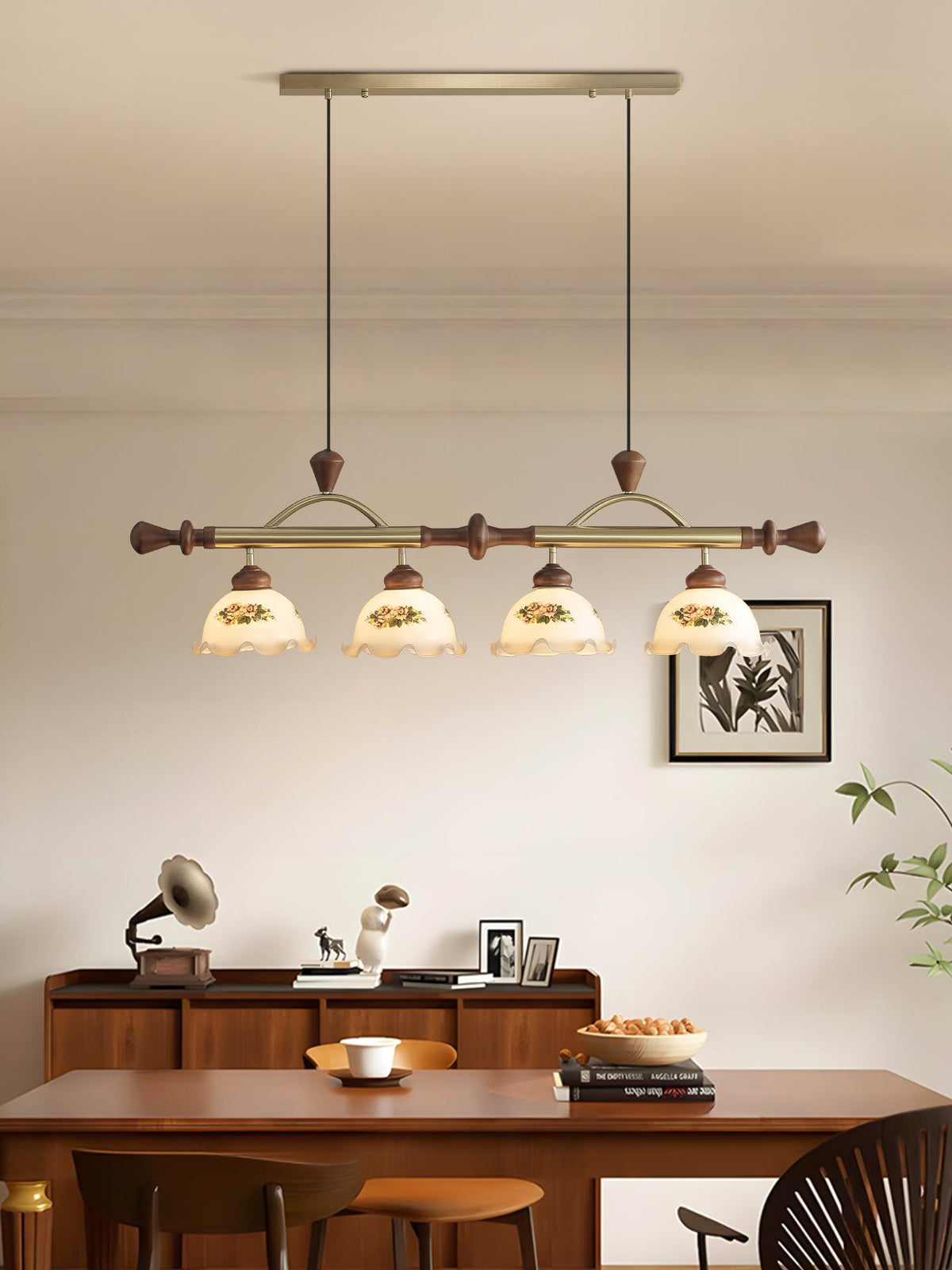 Art Deco Floral Glass Pendant Light with Walnut Wood and Gold Accents