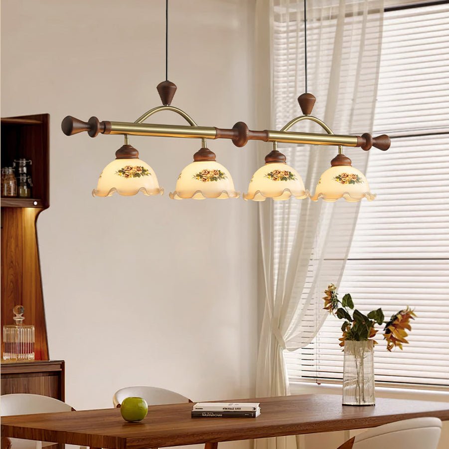 Art Deco Floral Glass Pendant Light with Walnut Wood and Gold Accents