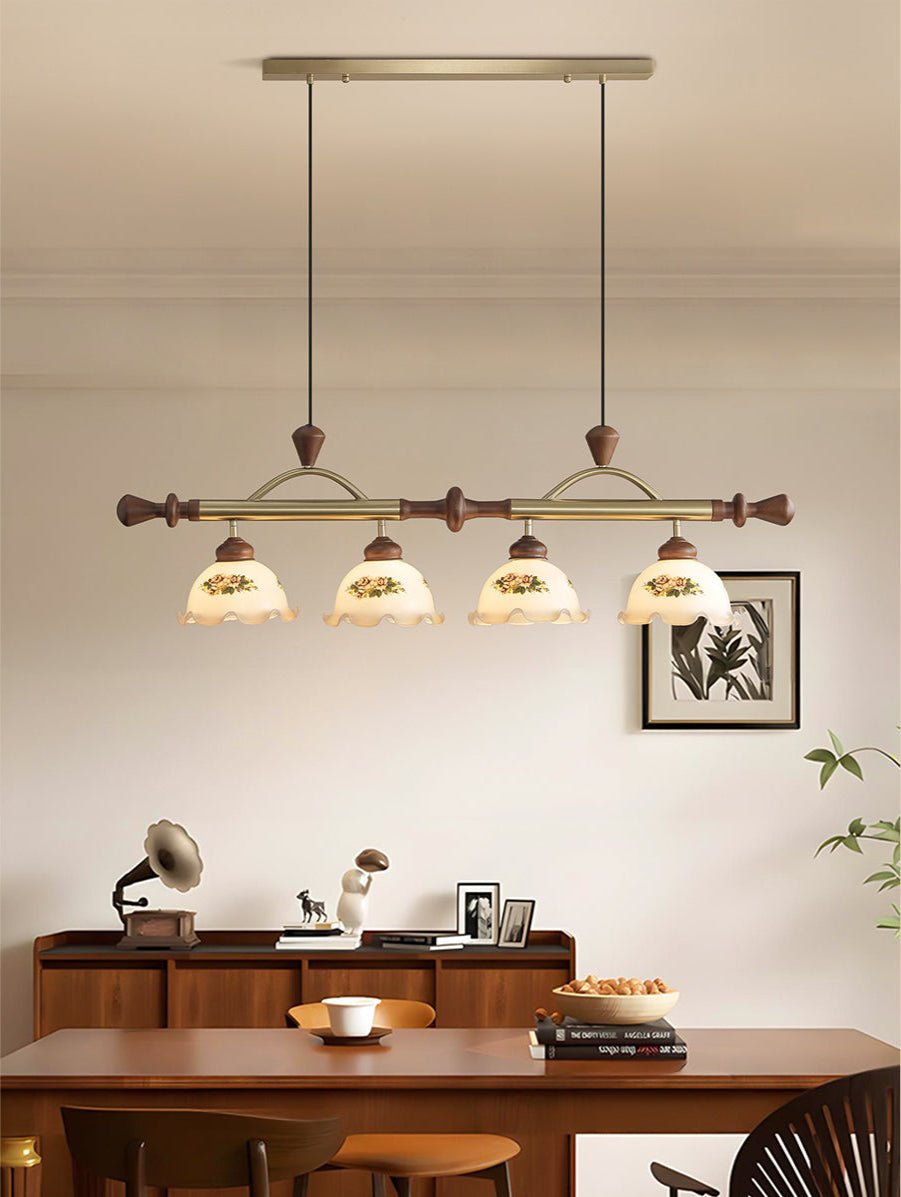 Art Deco Floral Glass Pendant Light with Walnut Wood and Gold Accents