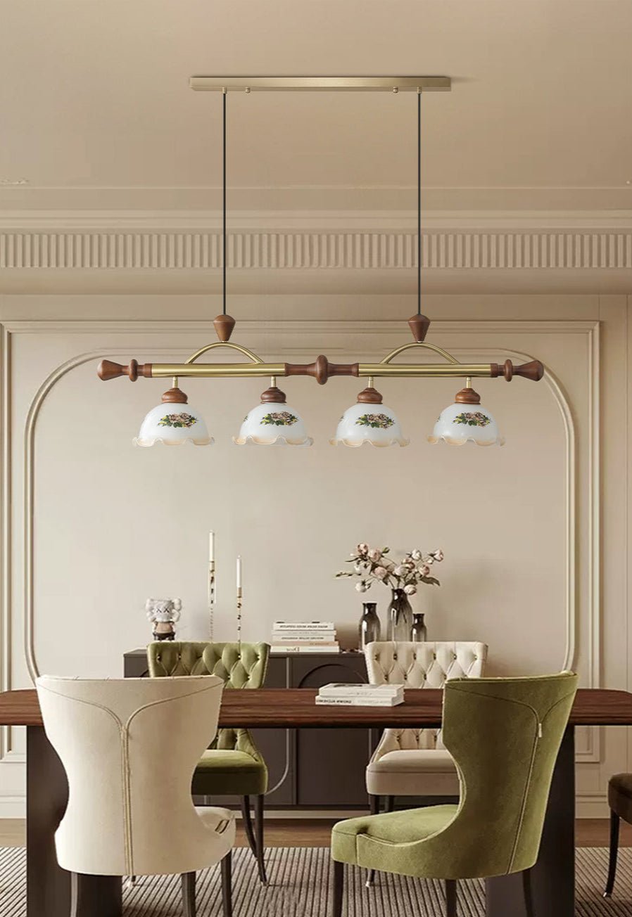 Art Deco Floral Glass Pendant Light with Walnut Wood and Gold Accents