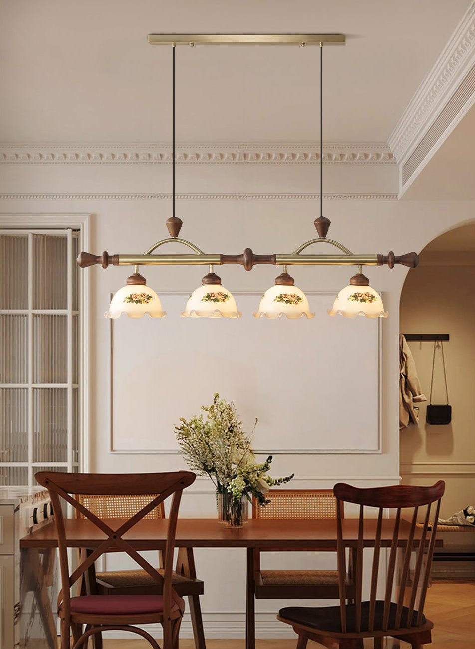 Art Deco Floral Glass Pendant Light with Walnut Wood and Gold Accents