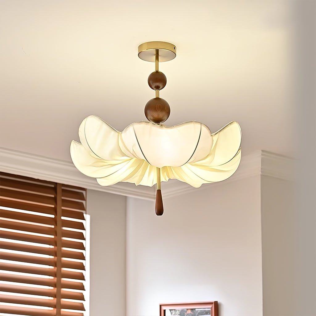 Floralis Fabric Ceiling Light in Walnut and Brass – Modern Flush Mount for Living Room and Bedroom