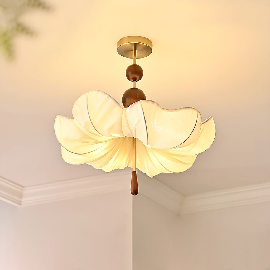 Floralis Fabric Ceiling Light in Walnut and Brass – Modern Flush Mount for Living Room and Bedroom