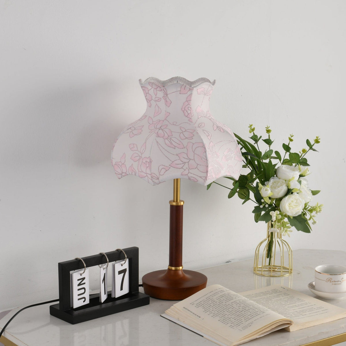 Florence Blossom Table Lamp – Walnut Wood & Fabric Designer Lamp