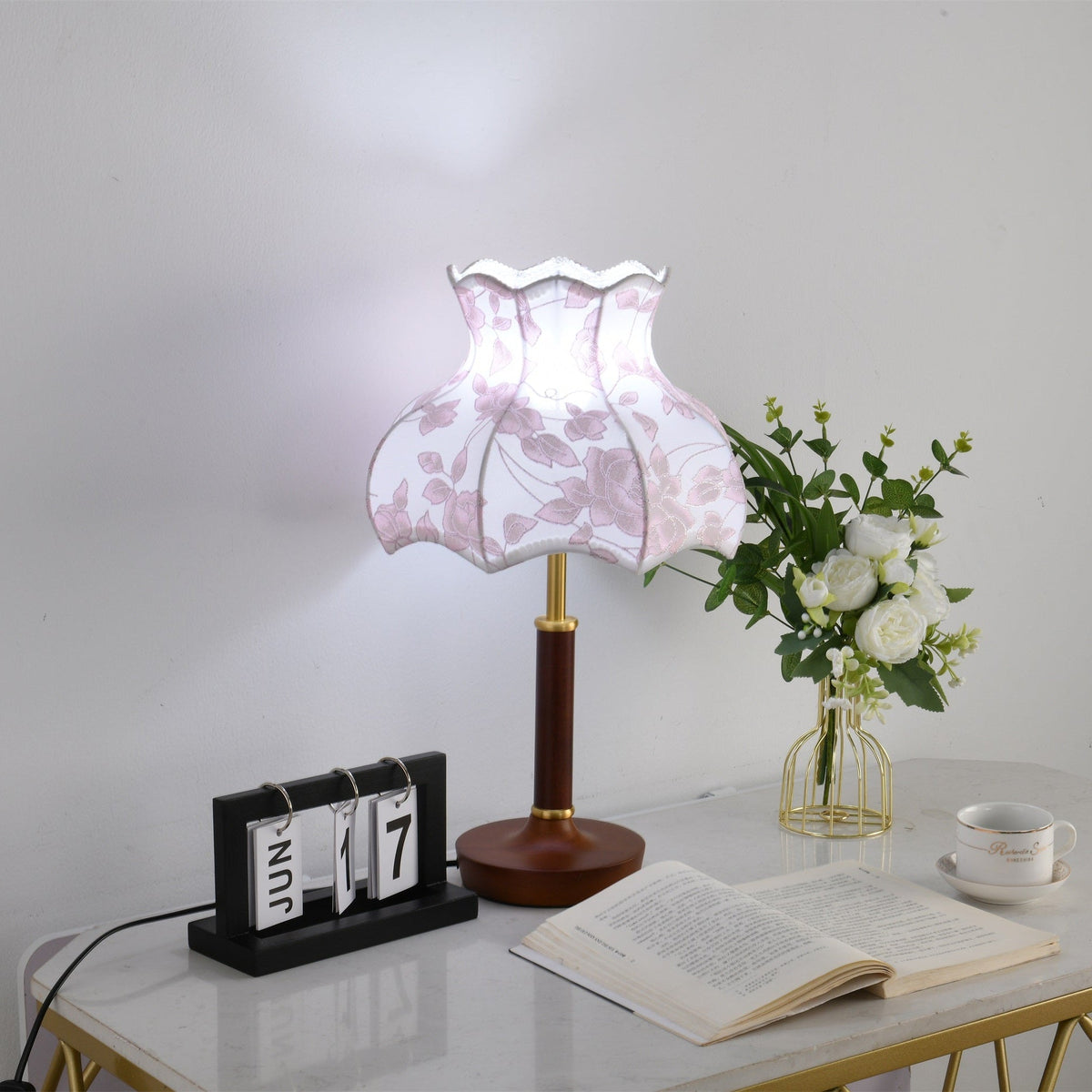 Florence Blossom Table Lamp – Walnut Wood & Fabric Designer Lamp