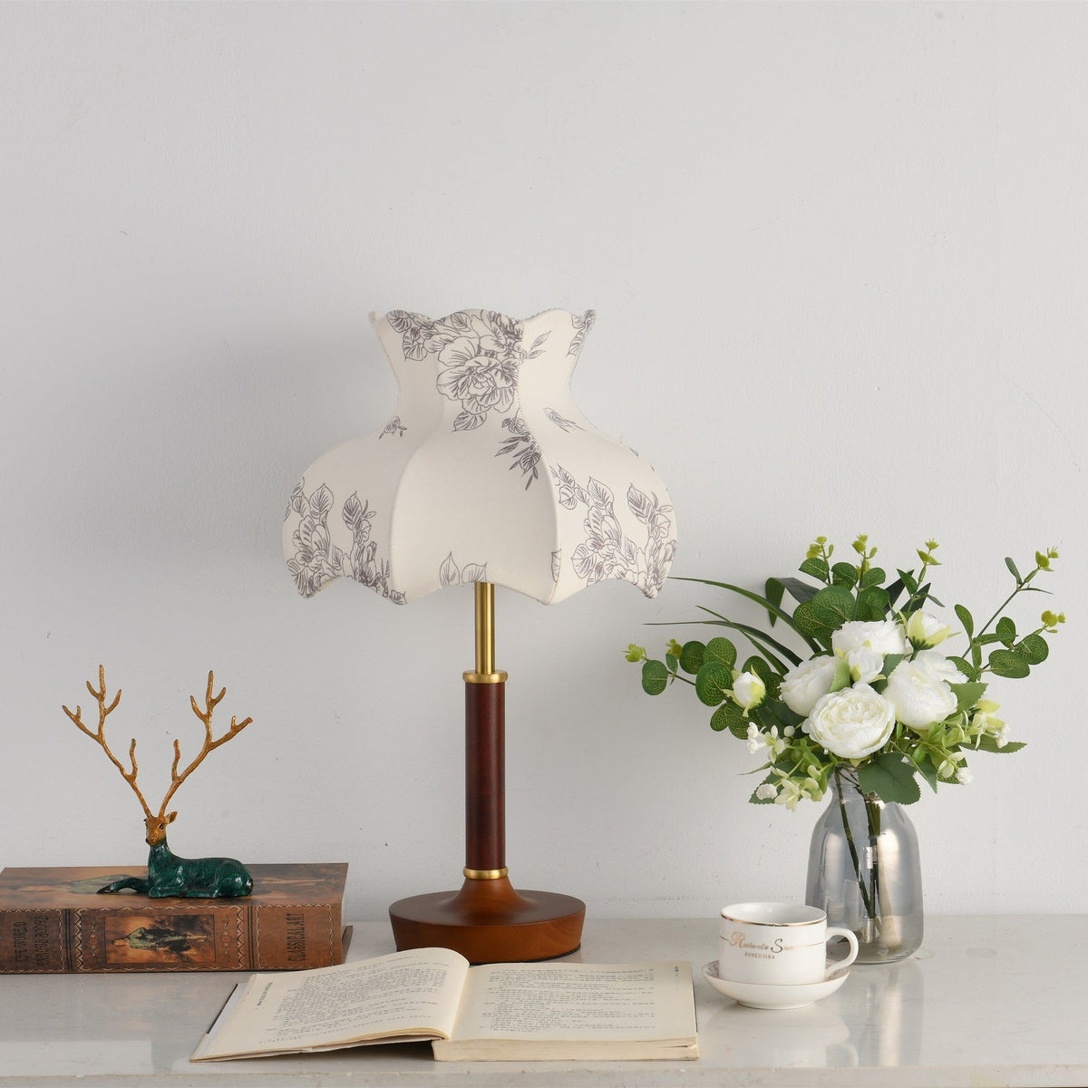 Florence Blossom Table Lamp – Walnut Wood & Fabric Designer Lamp