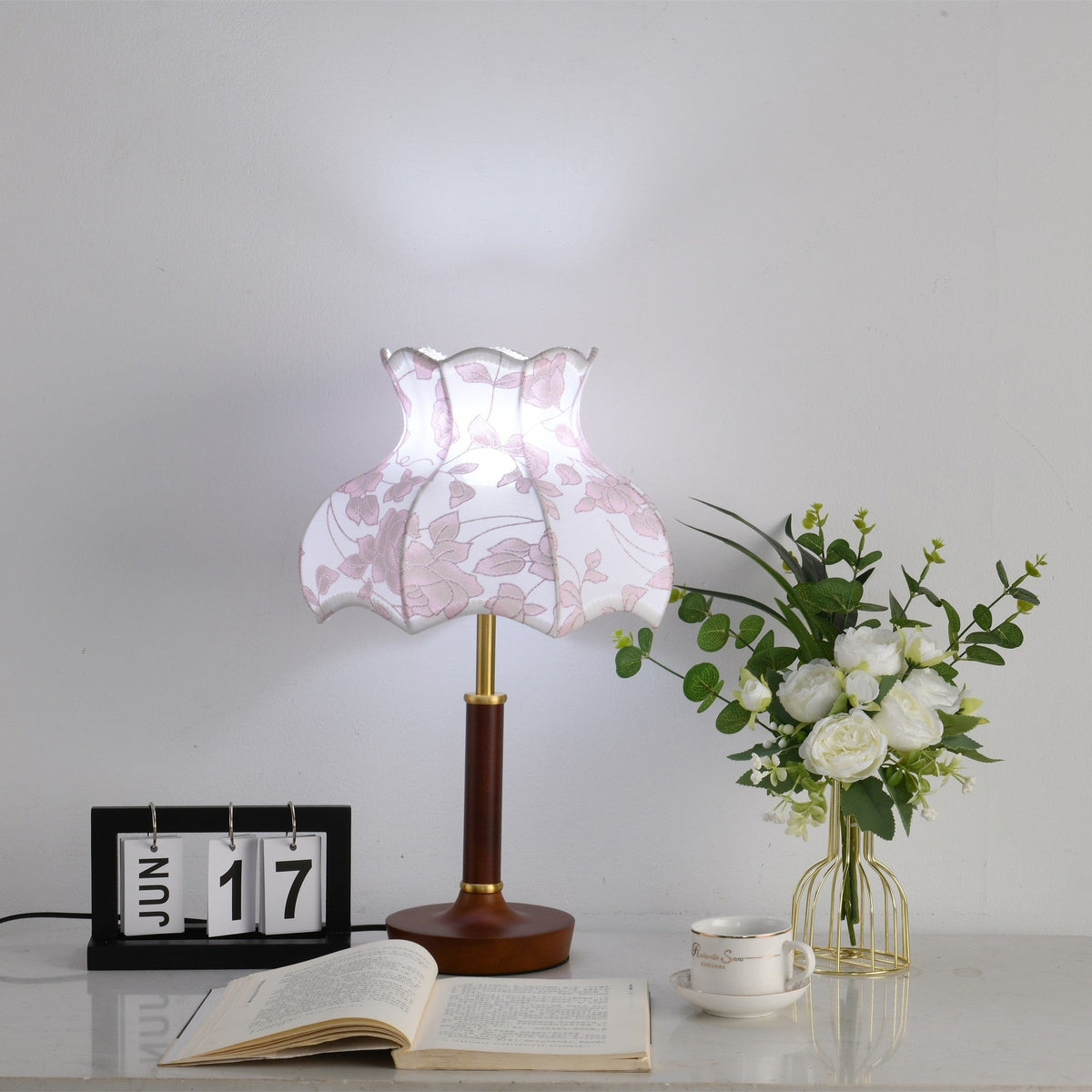 Florence Blossom Table Lamp – Walnut Wood & Fabric Designer Lamp