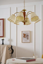 Bellora Bloom Floral Fabric Chandelier with Gold and Walnut Accents