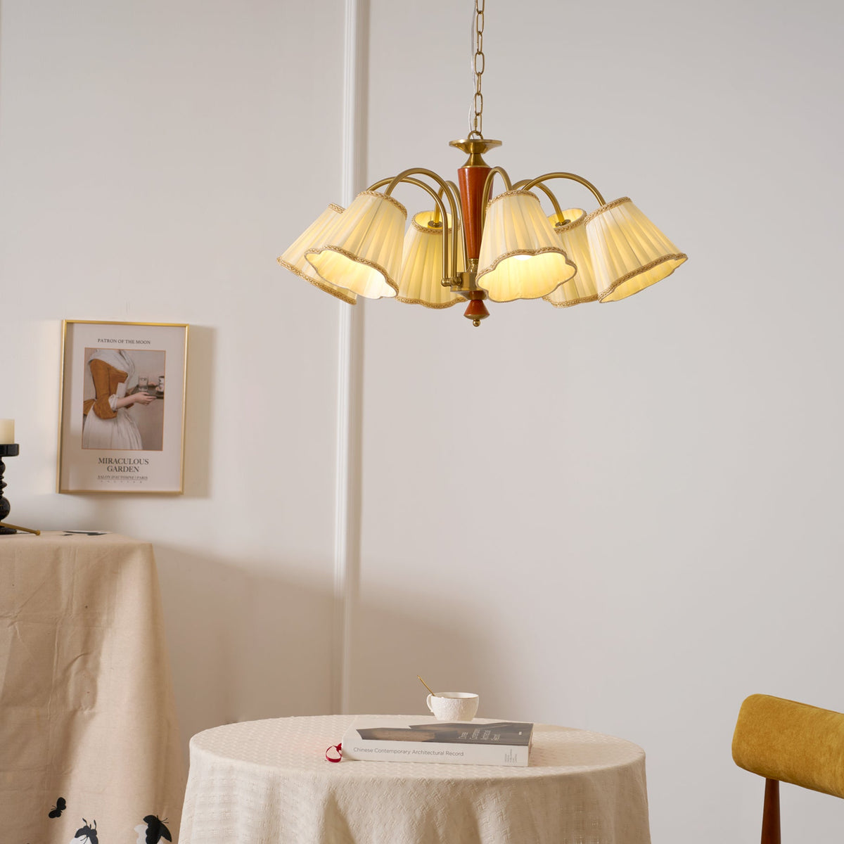 Bellora Bloom Floral Fabric Chandelier with Gold and Walnut Accents