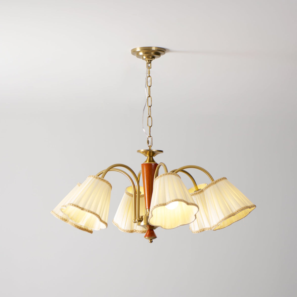 Bellora Bloom Floral Fabric Chandelier with Gold and Walnut Accents