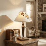 Florienne Table Lamp with Floral Fabric Shade and Walnut Wood Base
