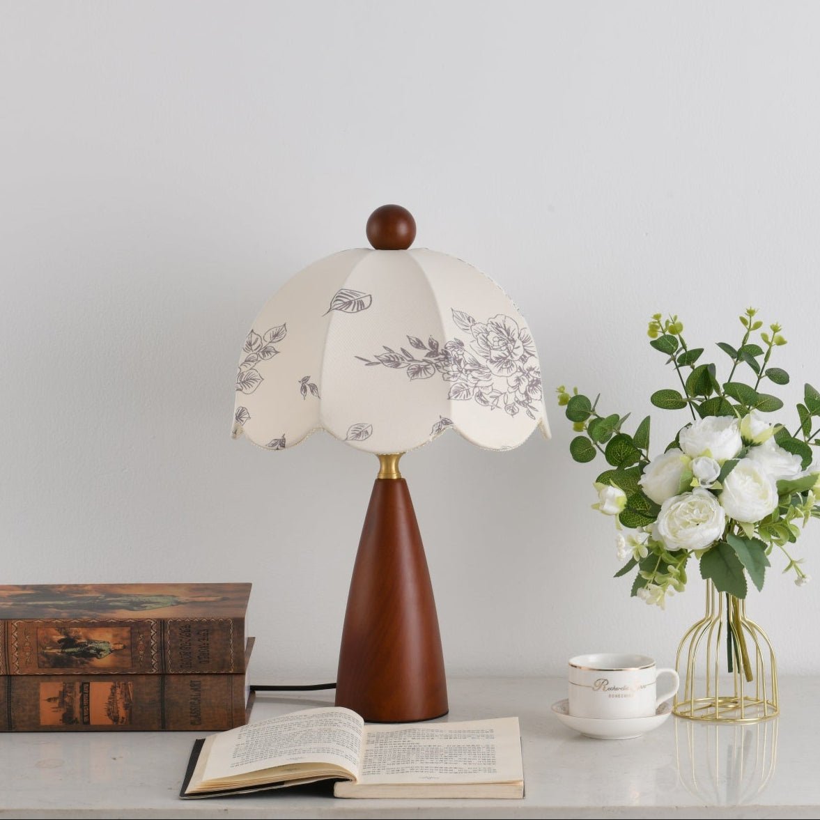Florina Blossom Table Lamp – Walnut & Botanical Fabric