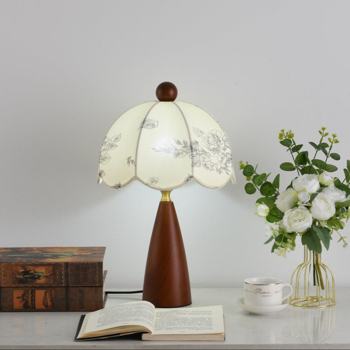 Florina Blossom Table Lamp – Walnut & Botanical Fabric