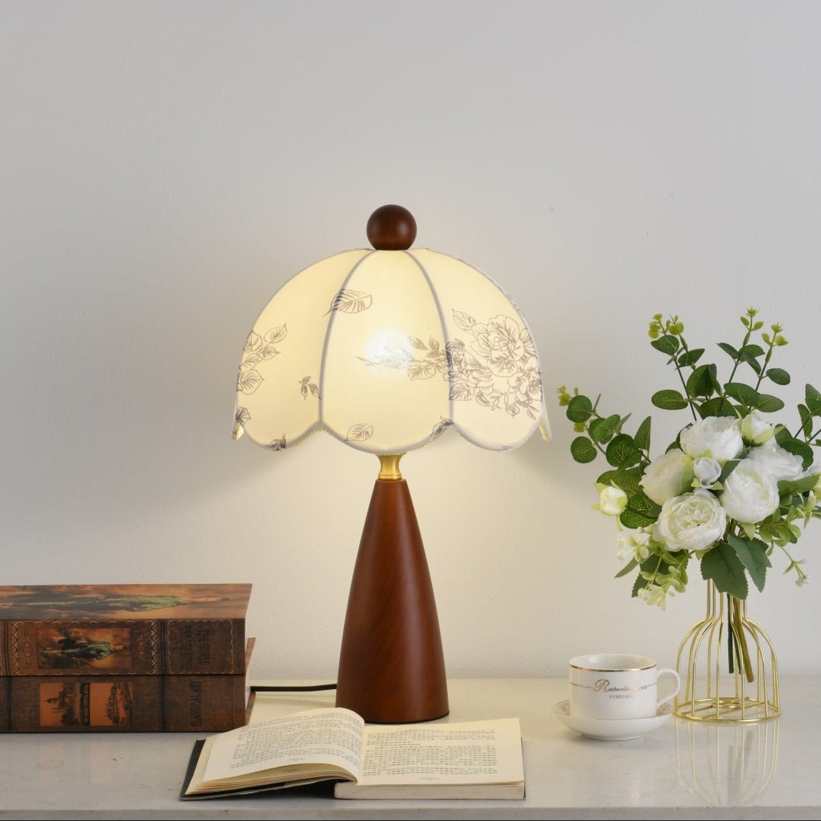 Florina Blossom Table Lamp – Walnut & Botanical Fabric