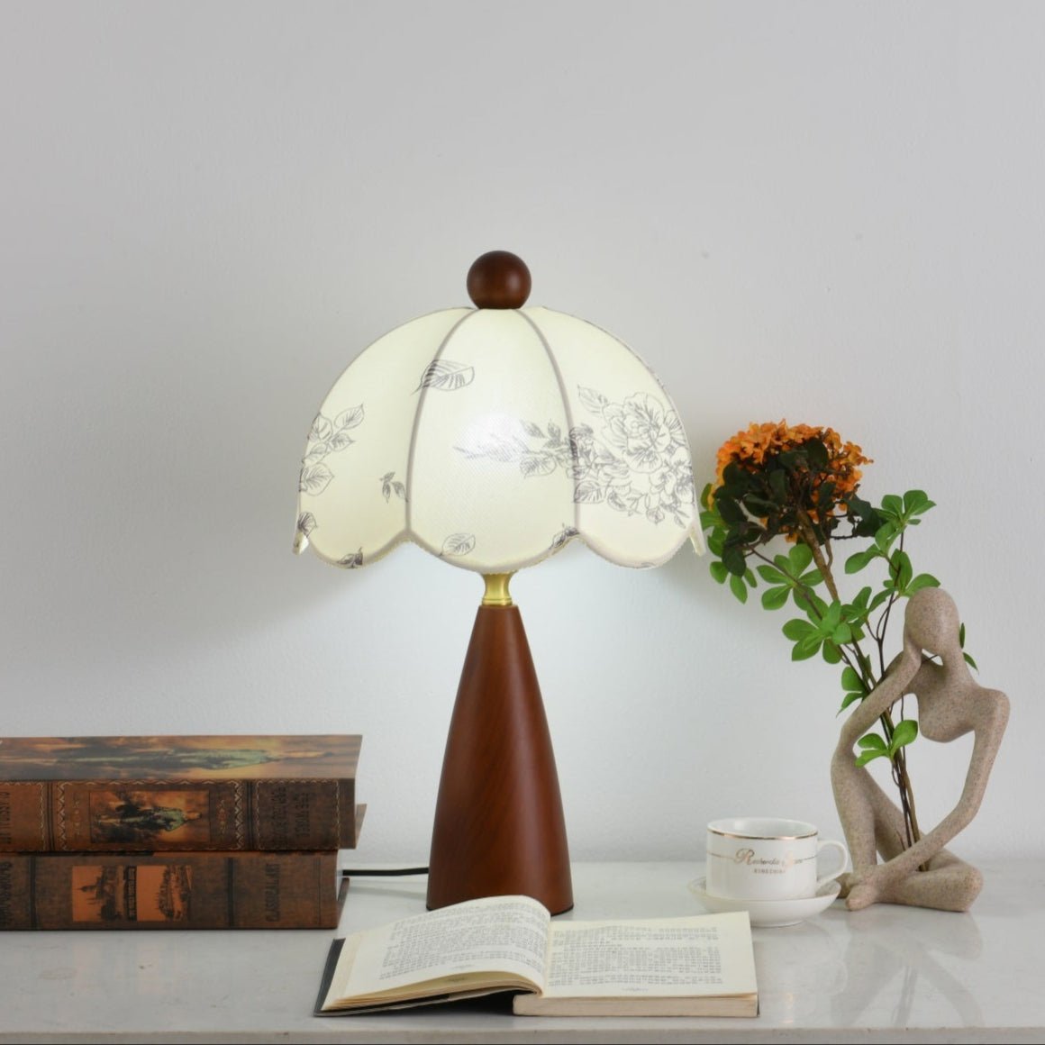 Florina Blossom Table Lamp – Walnut & Botanical Fabric