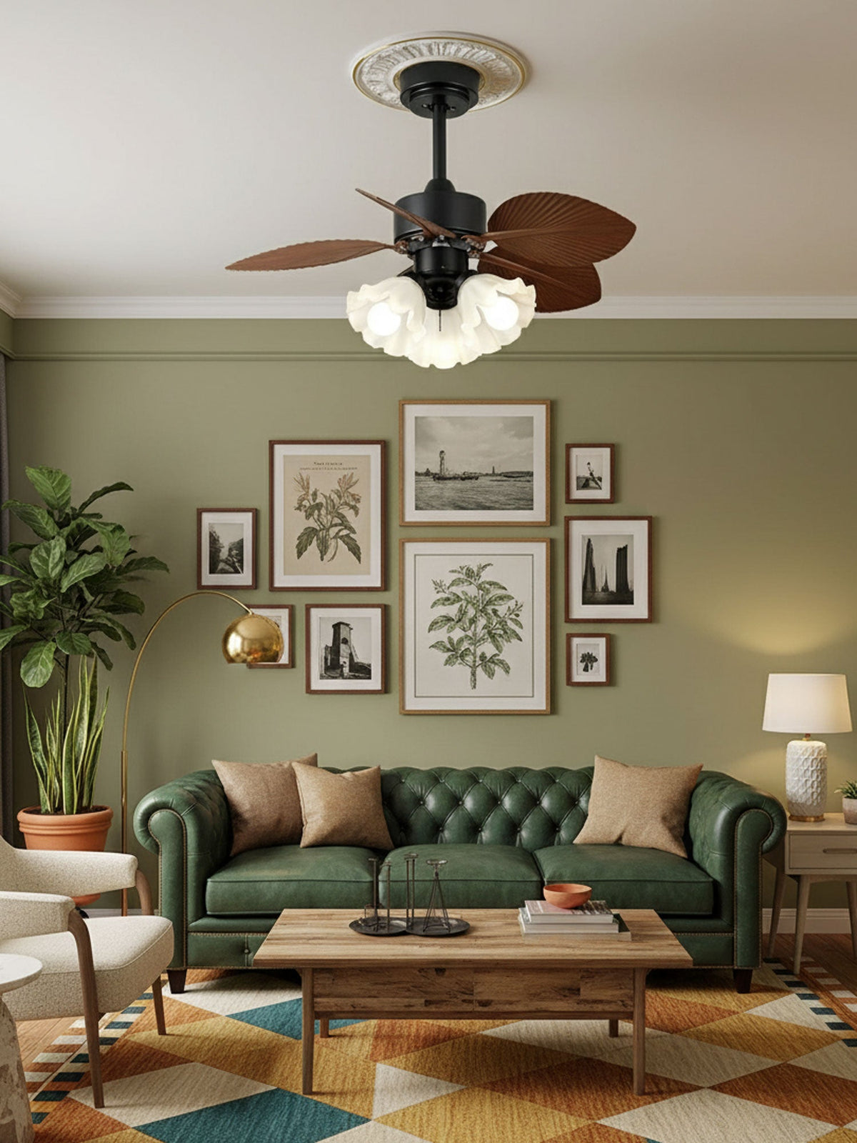 Floriva Leaf Ceiling Fan Light with Wood Blades and Frosted Glass Shade
