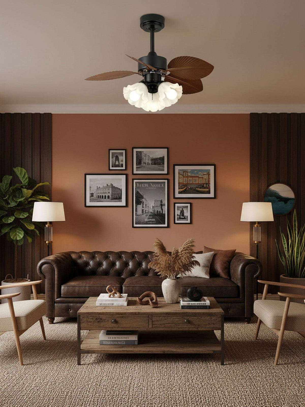 Floriva Leaf Ceiling Fan Light with Wood Blades and Frosted Glass Shade