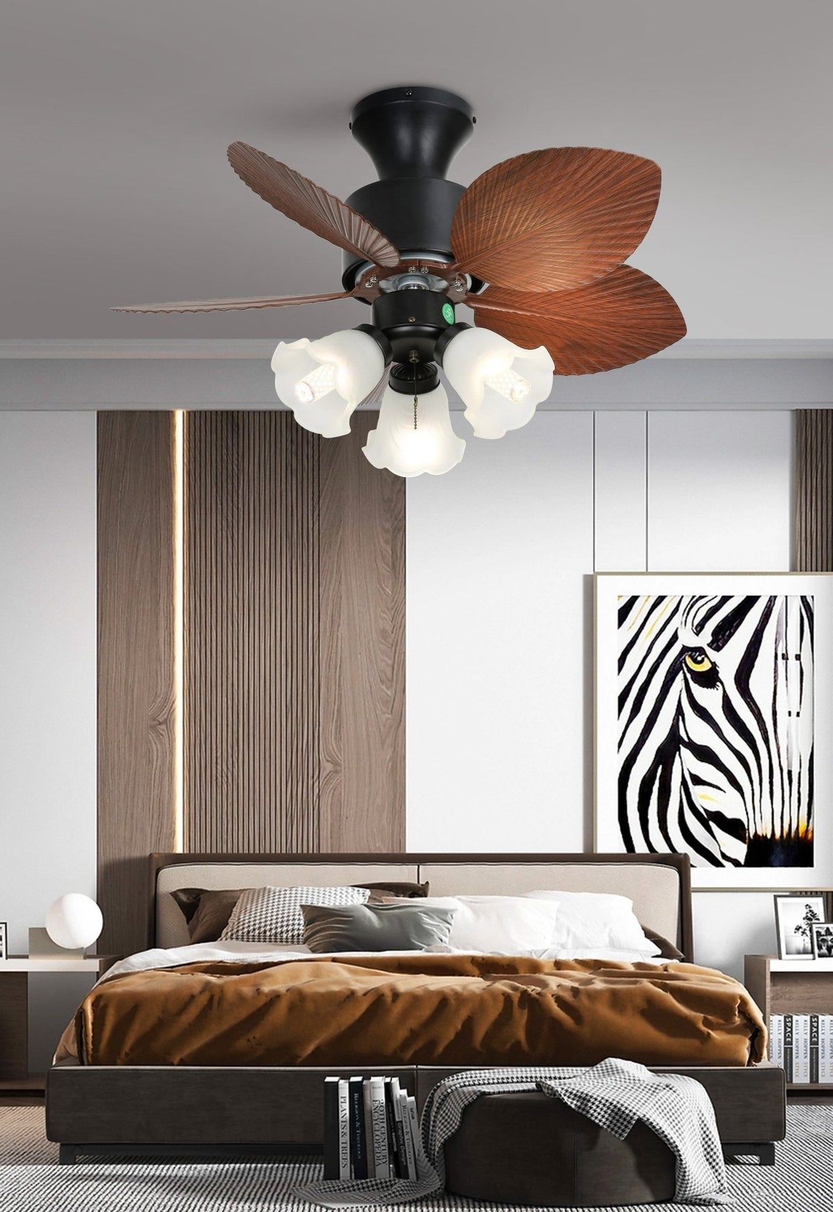 Floriva Blossom Ceiling Fan with LED Light, Walnut Wood Blades