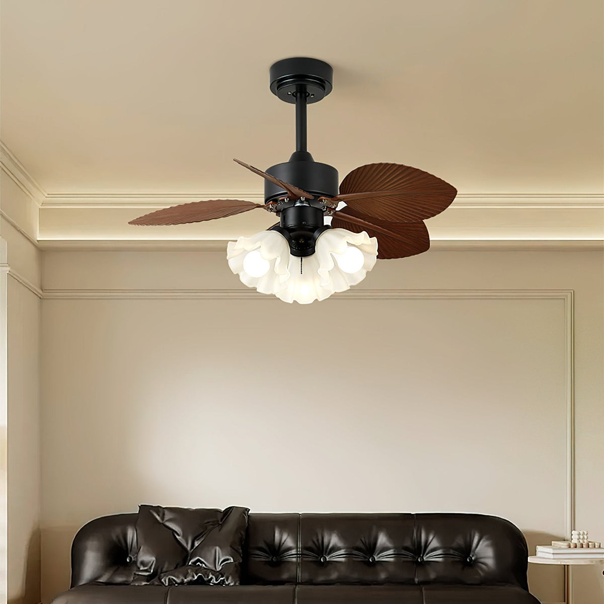 Floriva Leaf Ceiling Fan Light with Wood Blades and Frosted Glass Shade