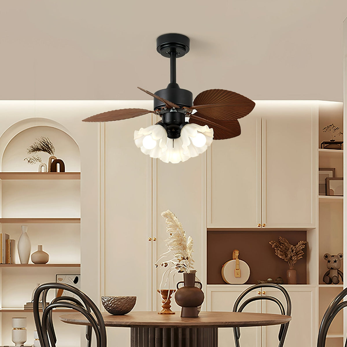 Floriva Leaf Ceiling Fan Light with Wood Blades and Frosted Glass Shade