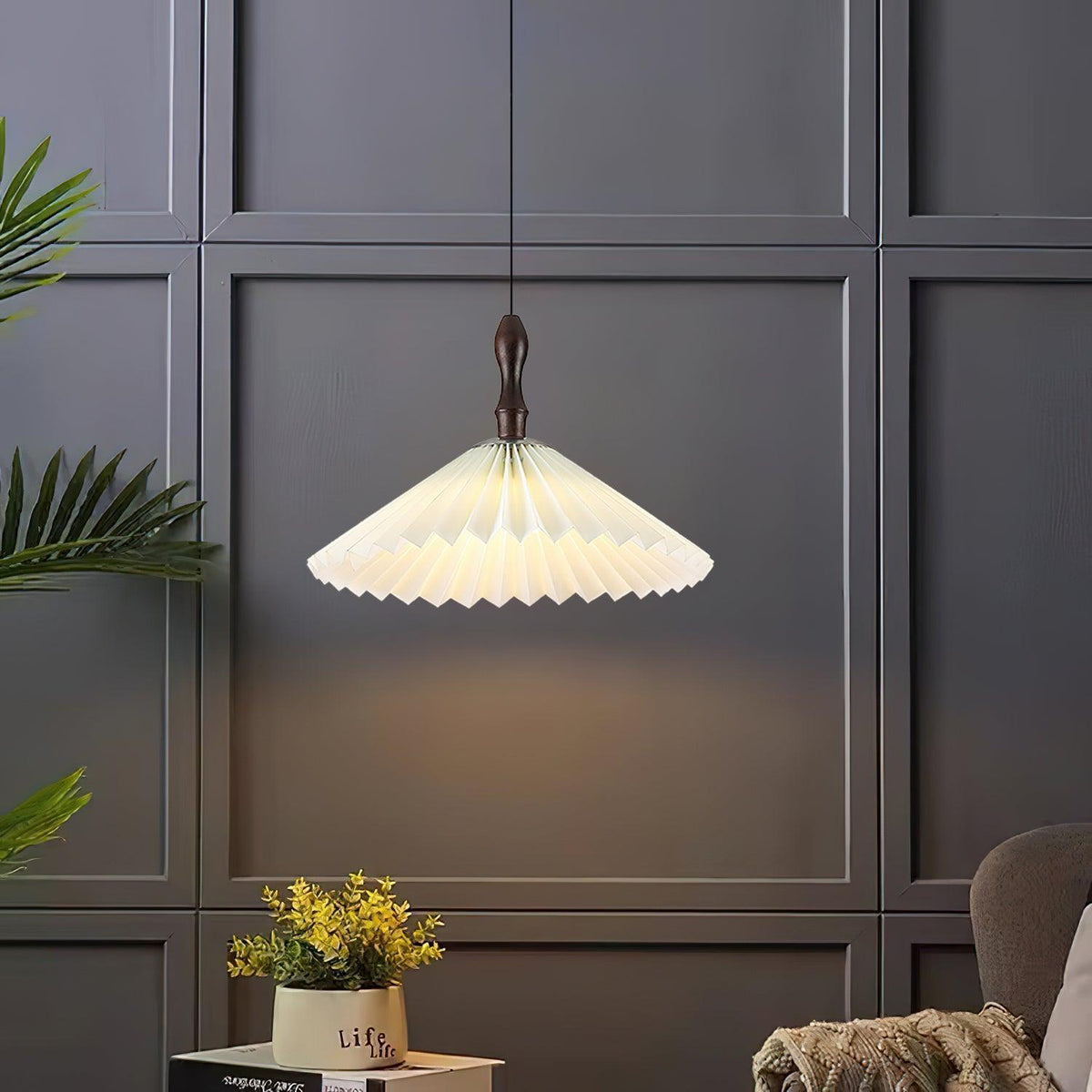 Blossom Paper Pendant Light with Wood and Iron Accents