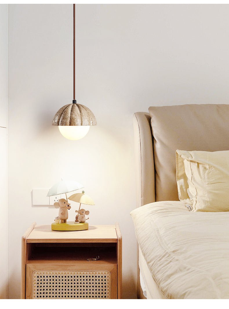 Fluted Travertine Orb Pendant Light with Glass Globe
