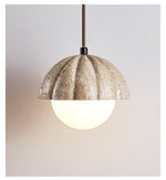 Fluted Travertine Orb Pendant Light with Glass Globe