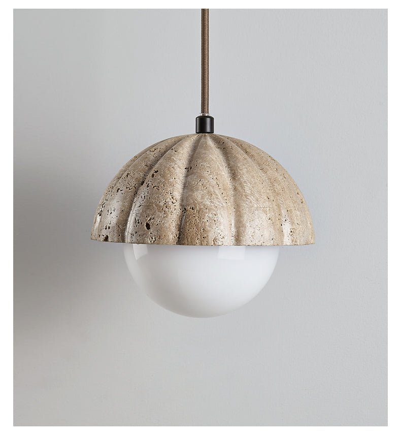 Fluted Travertine Orb Pendant Light with Glass Globe