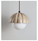 Fluted Travertine Orb Pendant Light with Glass Globe