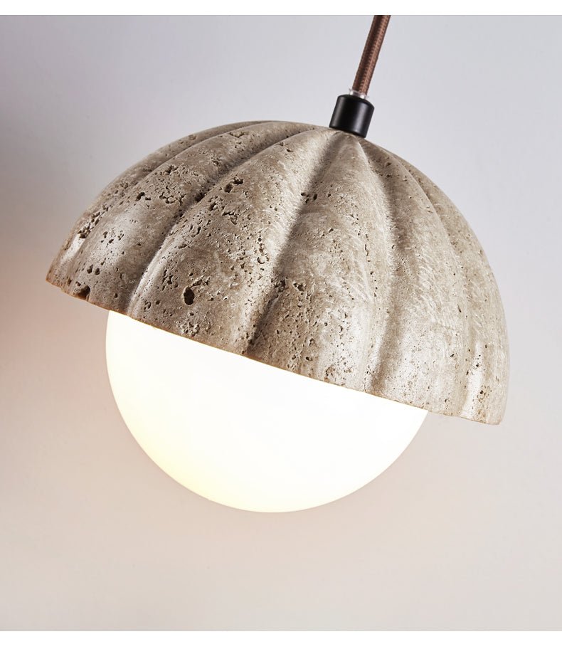 Fluted Travertine Orb Pendant Light with Glass Globe