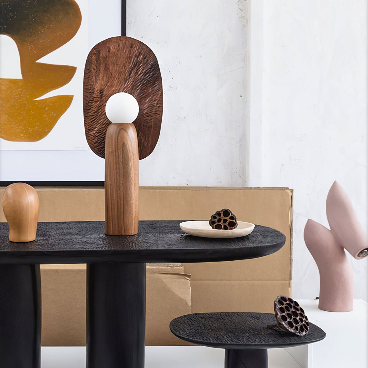 Forest Spirit Sculptural Wooden Table Lamps with Opal Glass Shades