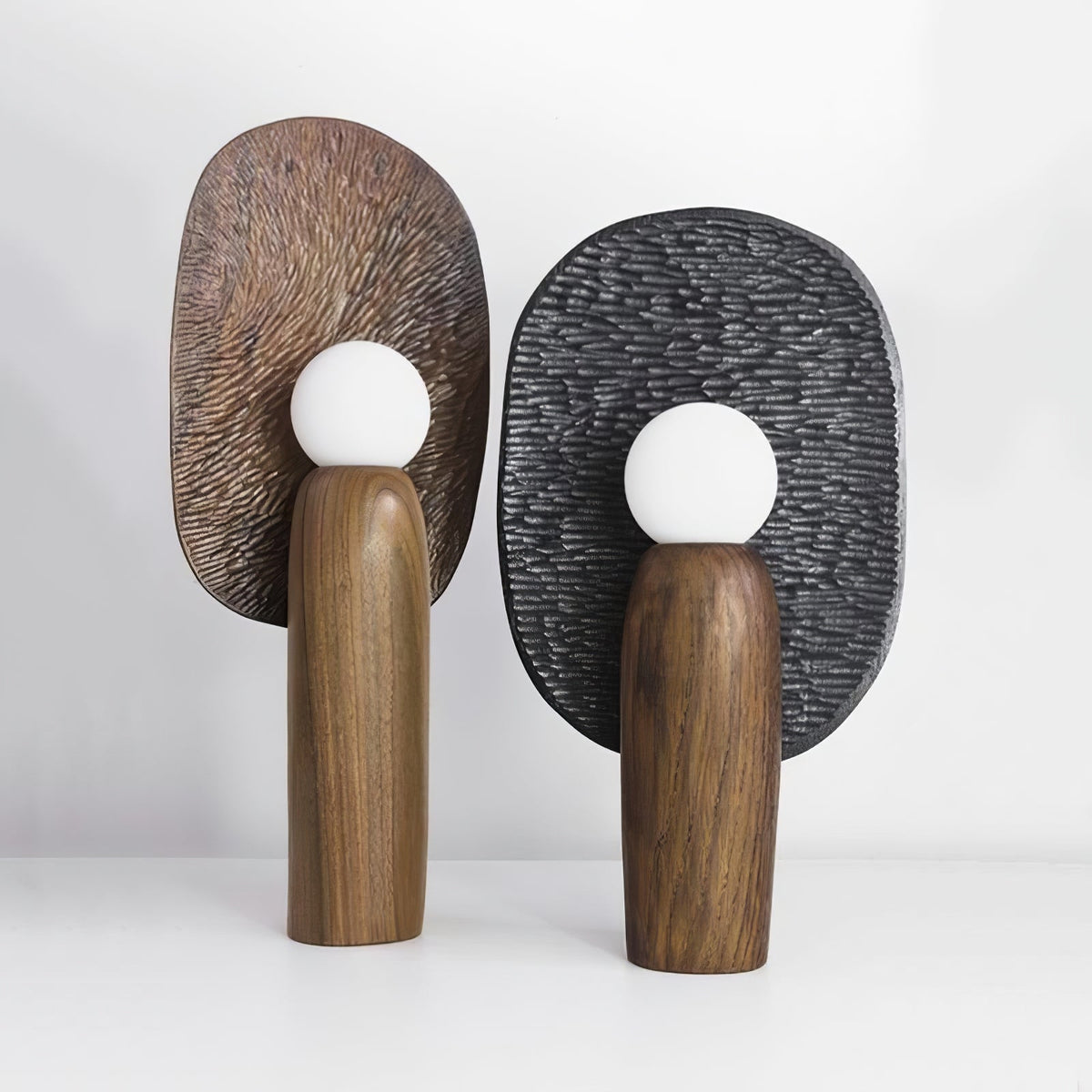 Forest Spirit Sculptural Wooden Table Lamps with Opal Glass Shades