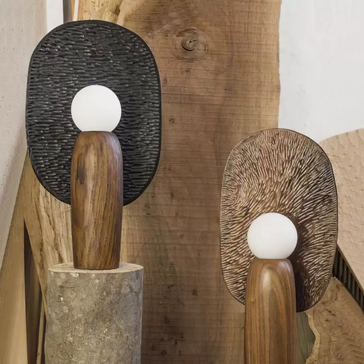 Forest Spirit Sculptural Wooden Table Lamps with Opal Glass Shades