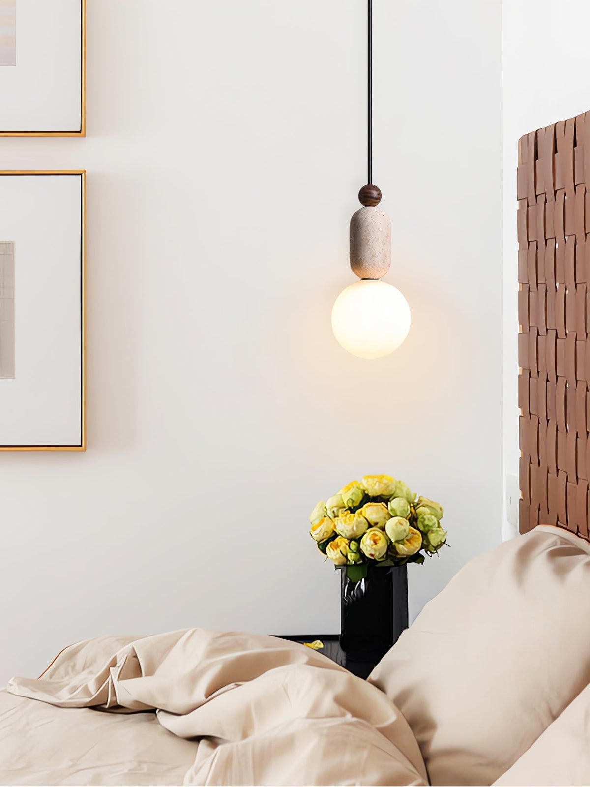 Forma Pendant Light in Walnut and Travertine with Opal Glass Globe