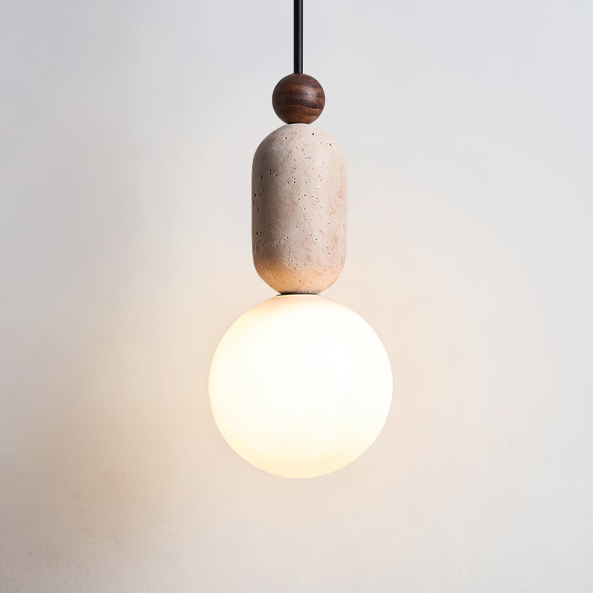 Forma Pendant Light in Walnut and Travertine with Opal Glass Globe