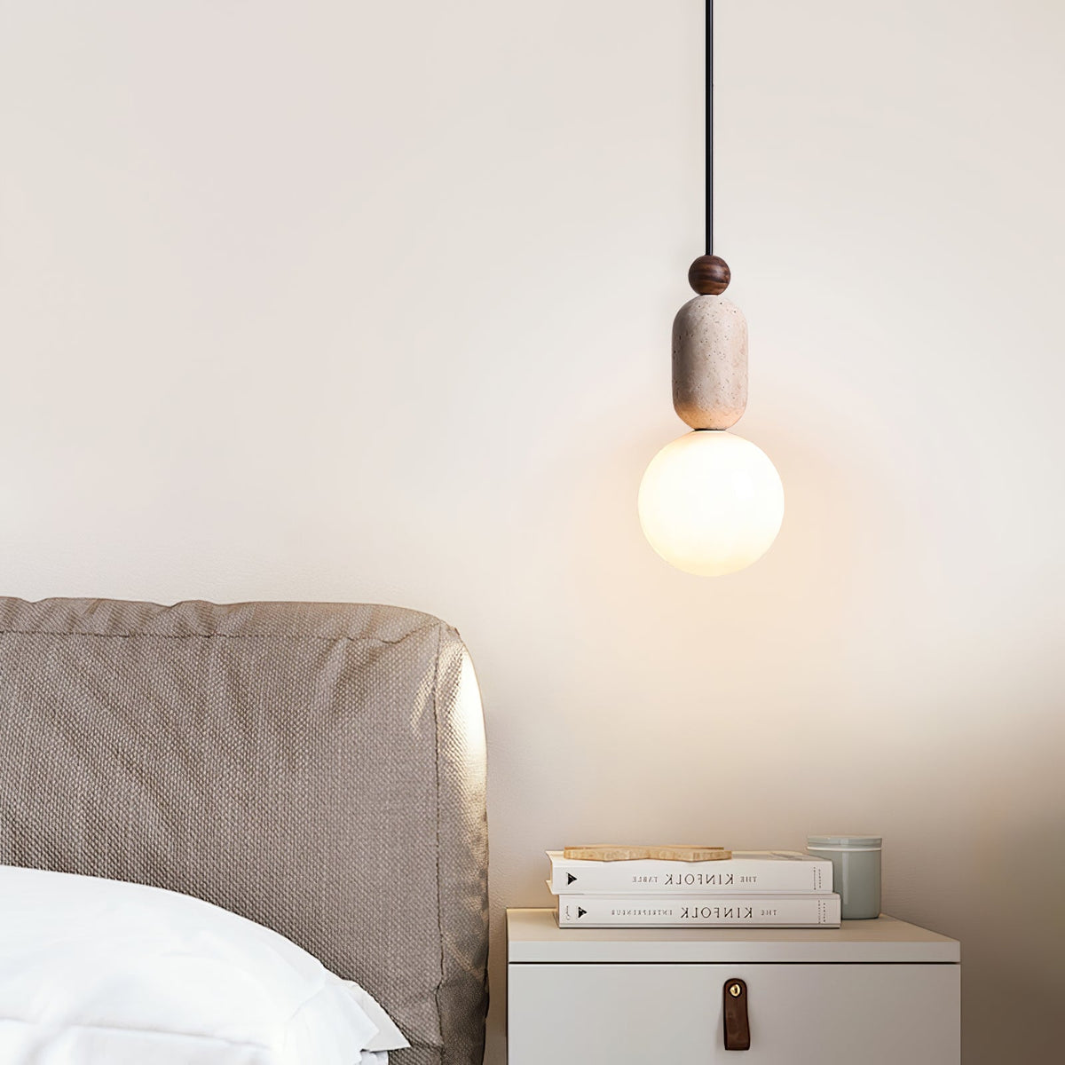 Forma Pendant Light in Walnut and Travertine with Opal Glass Globe
