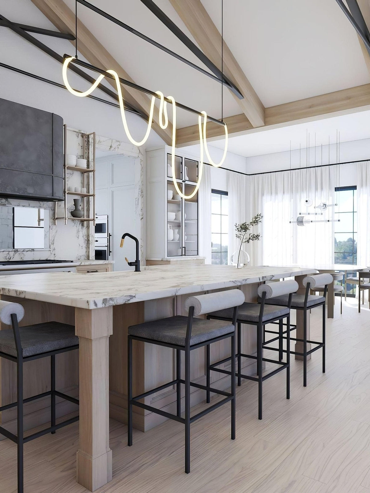 Sculptural Linear Curve LED Chandelier in Gold or Black