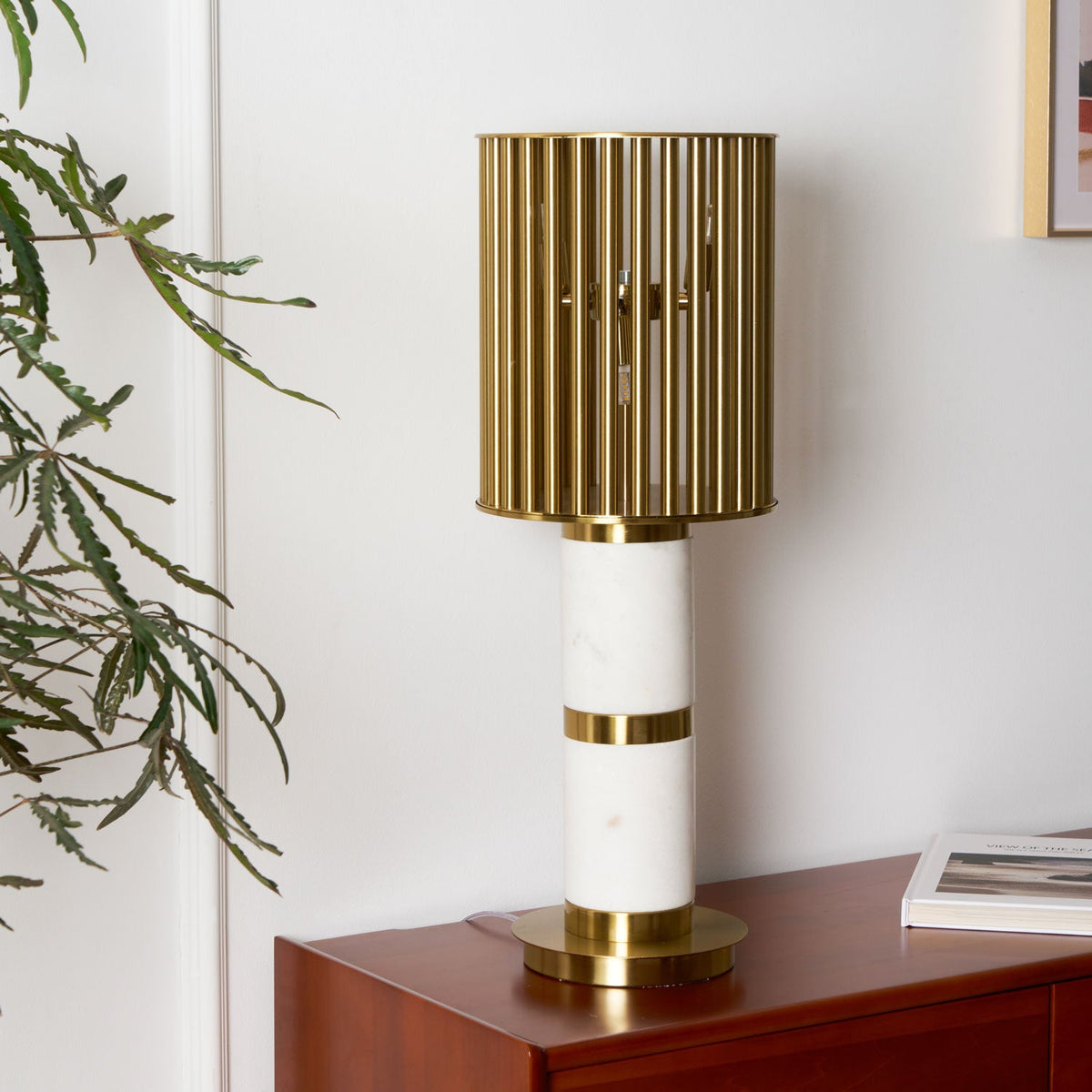 Gilded Cage Table Lamp – Sculptural White Marble & Gold Table Light