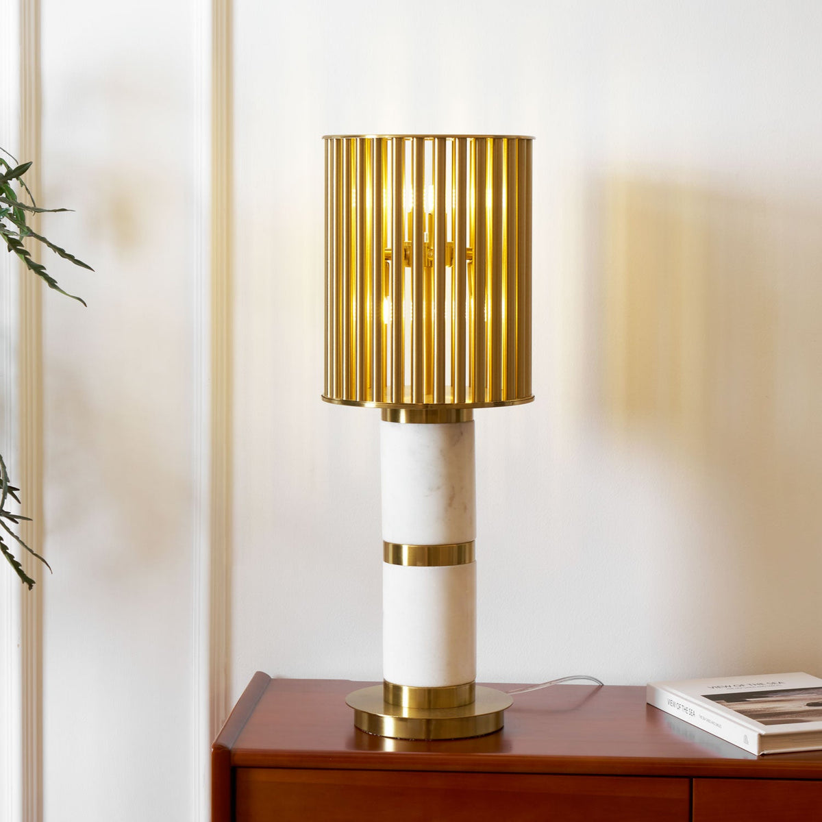 Gilded Cage Table Lamp – Sculptural White Marble & Gold Table Light
