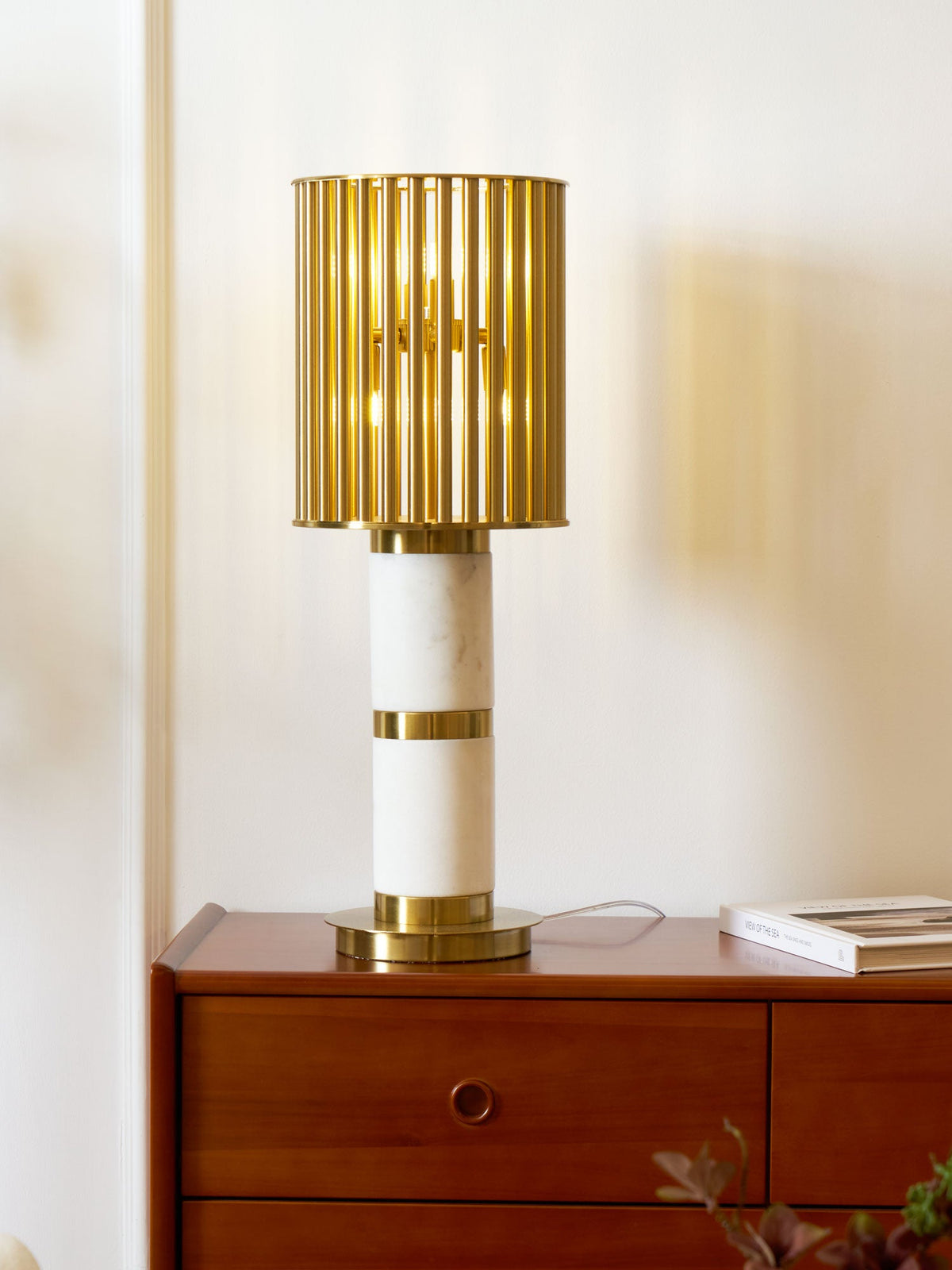 Gilded Cage Table Lamp – Sculptural White Marble & Gold Table Light