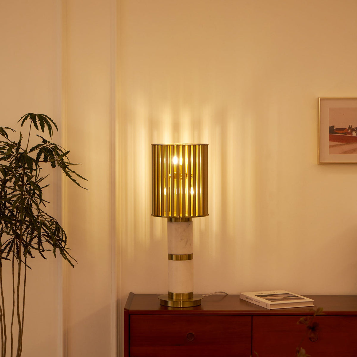 Gilded Cage Table Lamp – Sculptural White Marble & Gold Table Light