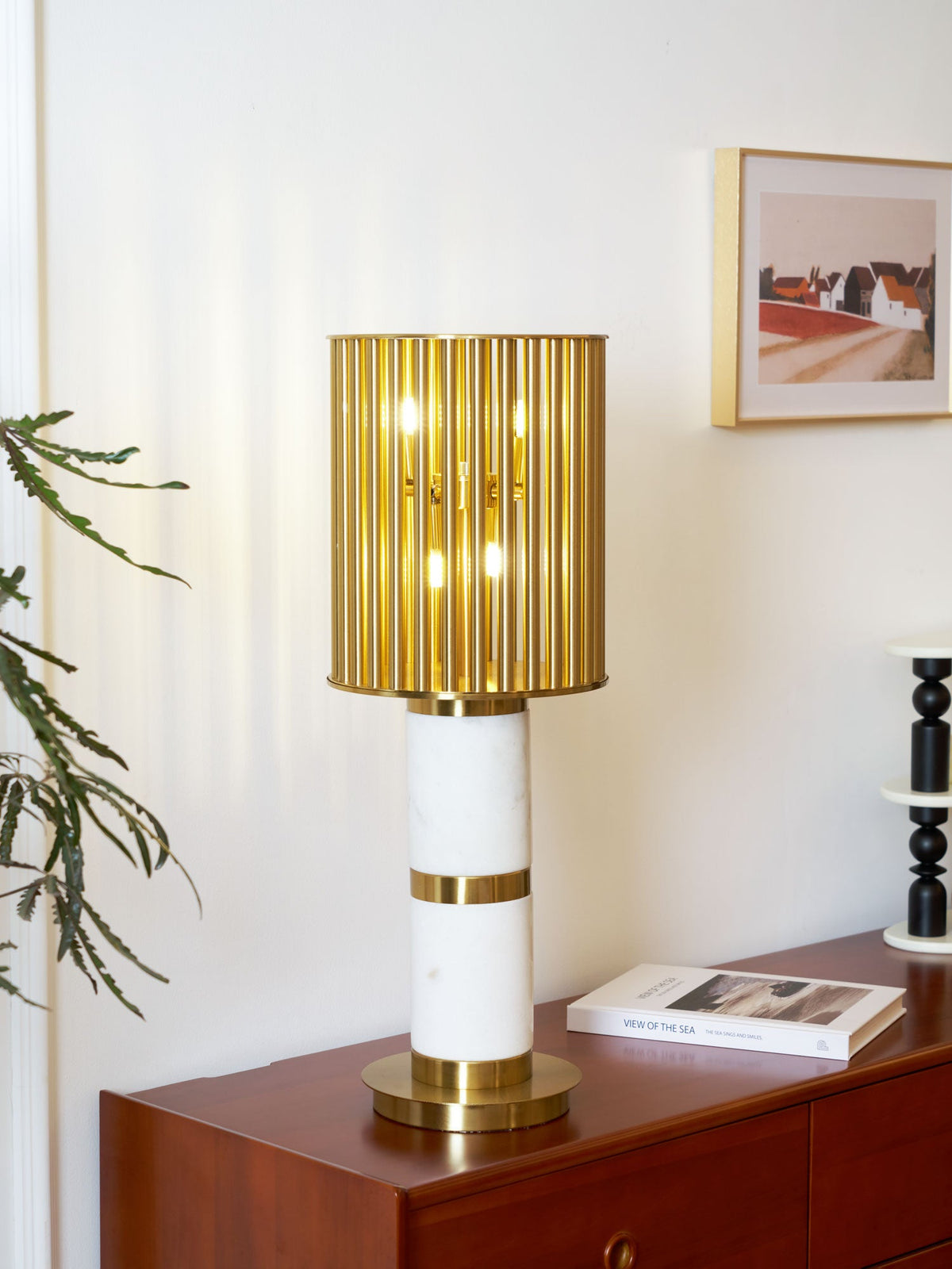 Gilded Cage Table Lamp – Sculptural White Marble & Gold Table Light