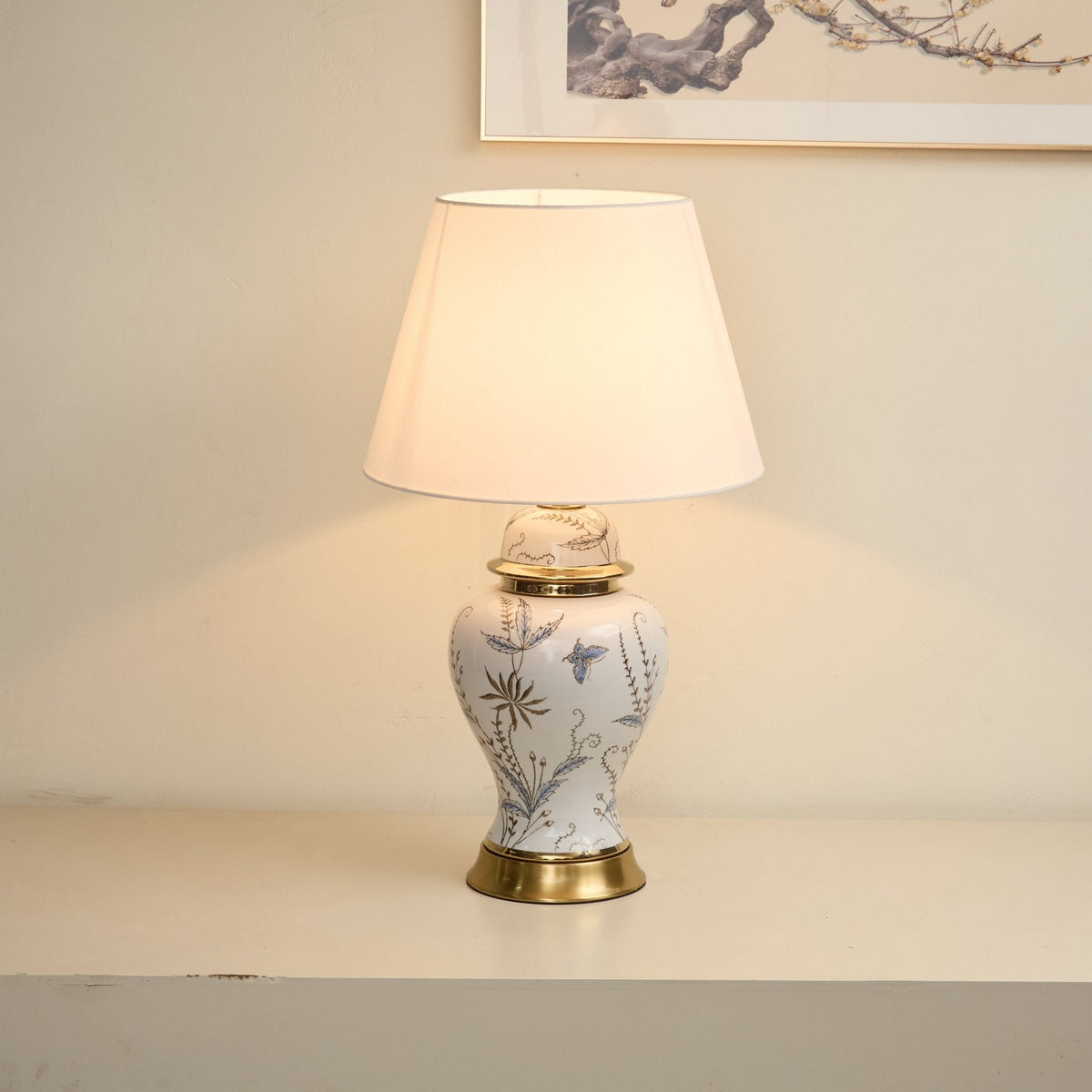 Gilt Accent Ceramic Table Lamp with Floral Motif Shade