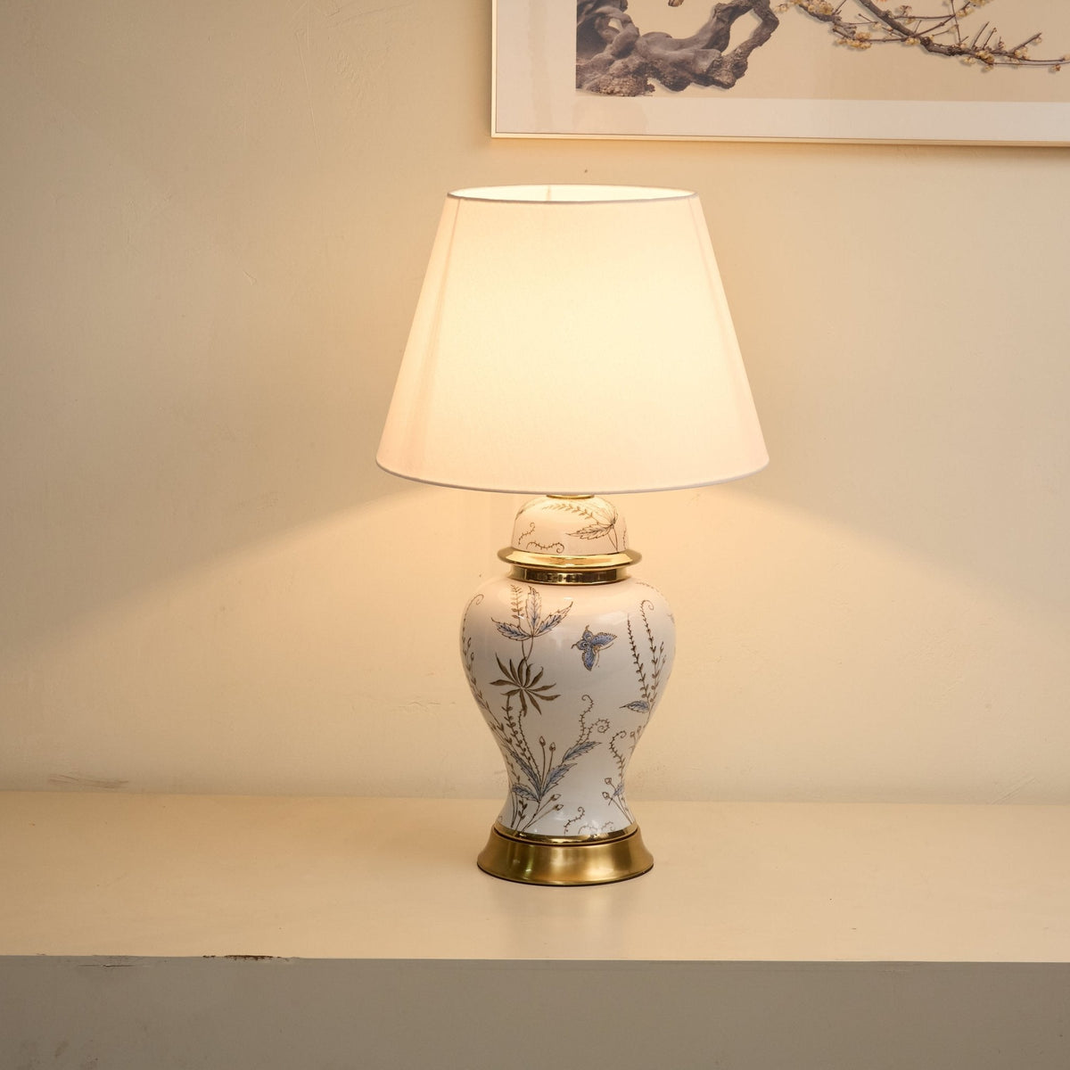 Gilt Accent Ceramic Table Lamp with Floral Motif Shade