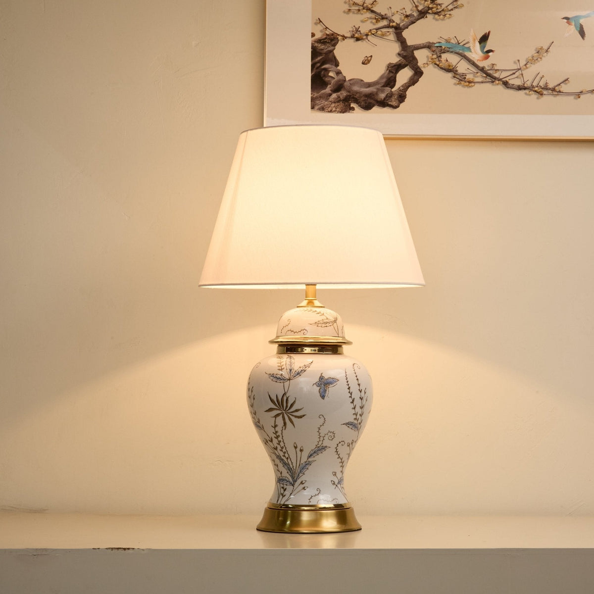 Gilt Accent Ceramic Table Lamp with Floral Motif Shade